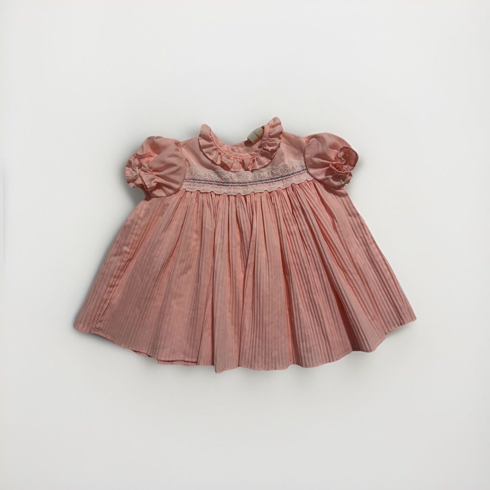 Vintage Baby Girls Dress Pink Lace 12 Months Infants Made in USA